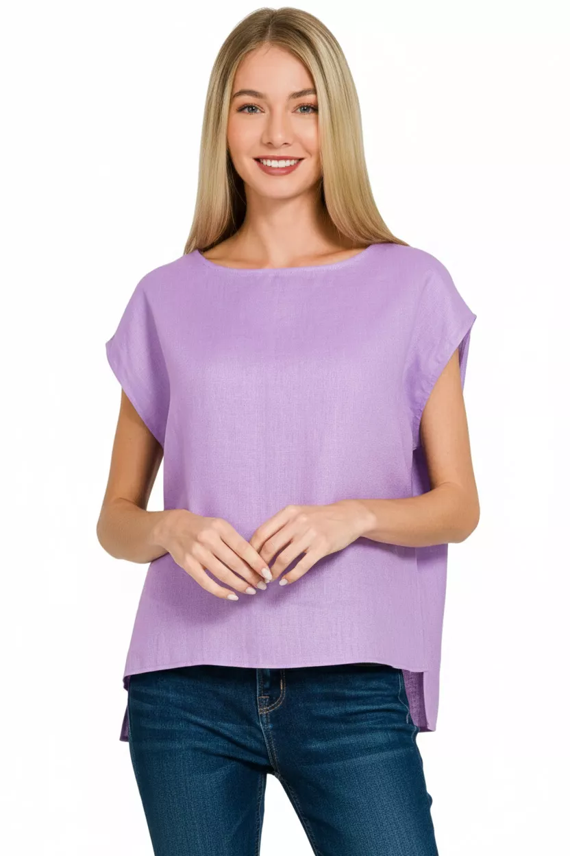 Zenana Linen Round Neck Cap Sleeve Top - Image 3