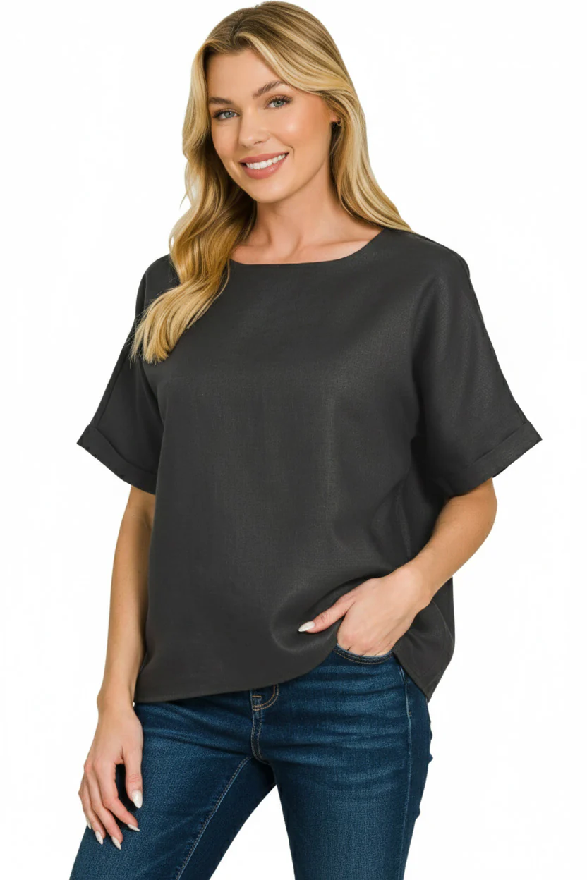 Zenana Linen Round Neck Cuffed Sleeve Top - Image 2