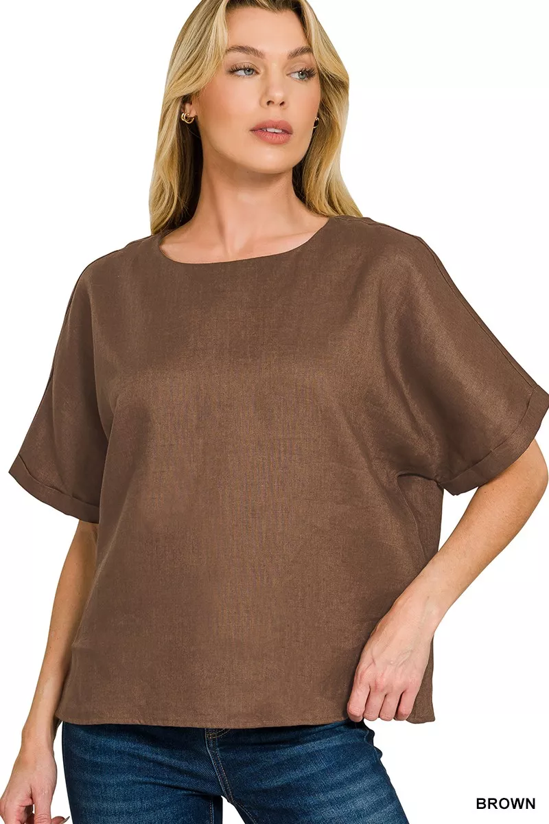 Zenana Linen Round Neck Cuffed Sleeve Top
