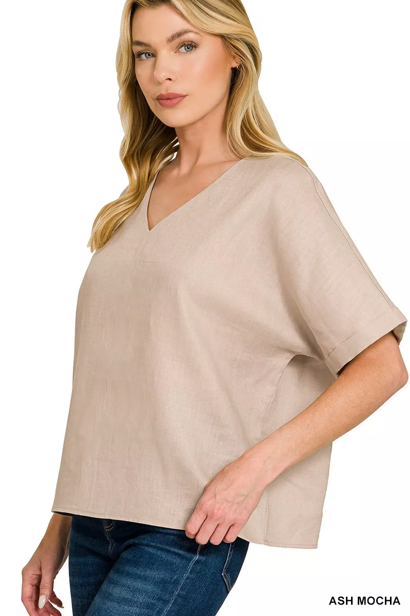 Zenana Linen V-Neck Cuffed Sleeve Top - Image 2