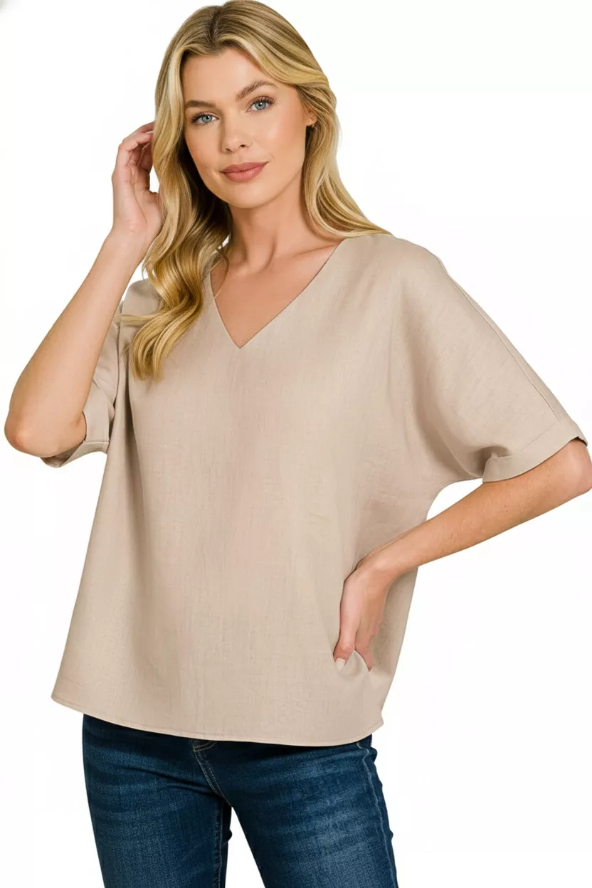 Zenana Linen V-Neck Cuffed Sleeve Top - Image 3
