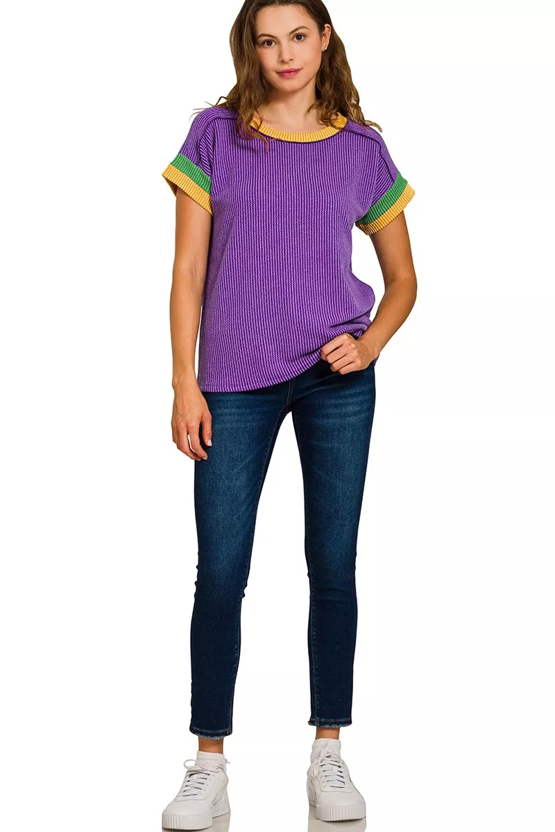 Zenana Mardi Gras Raised Rib Contrast Trim Top - Image 4