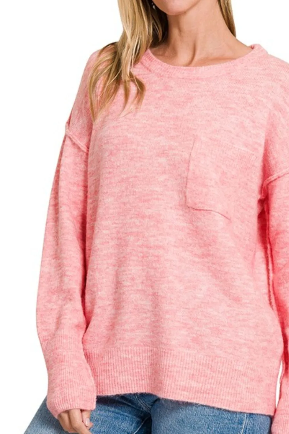 Zenana Melange Hi-low Hem Round Neck Sweater - Image 2