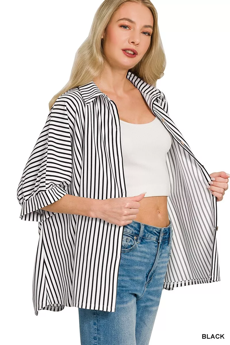 Zenana Oversized Stripe Button Down Shirt - Image 3