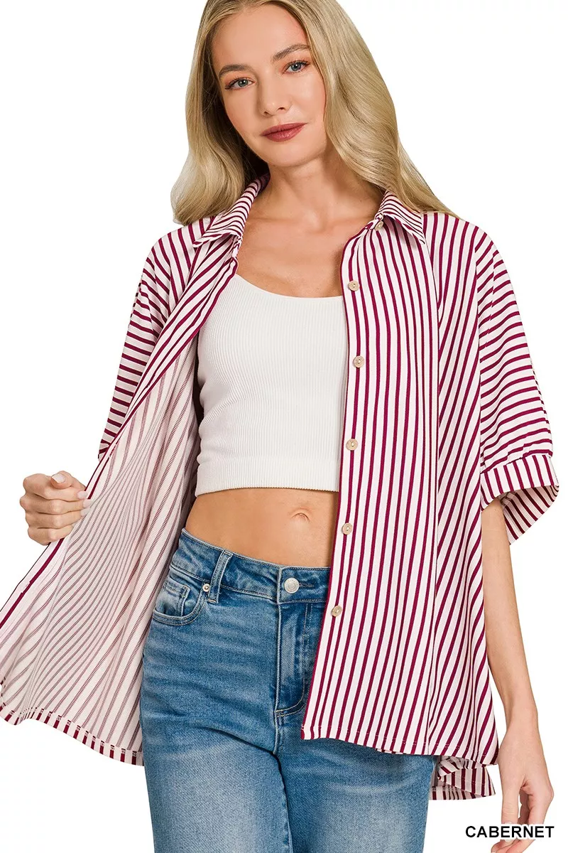 Zenana Oversized Stripe Button Down Shirt