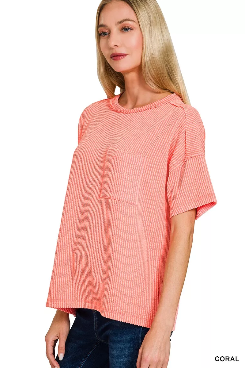 Zenana Raised Rib Exposed Seam Short Sleeve Top - Image 2