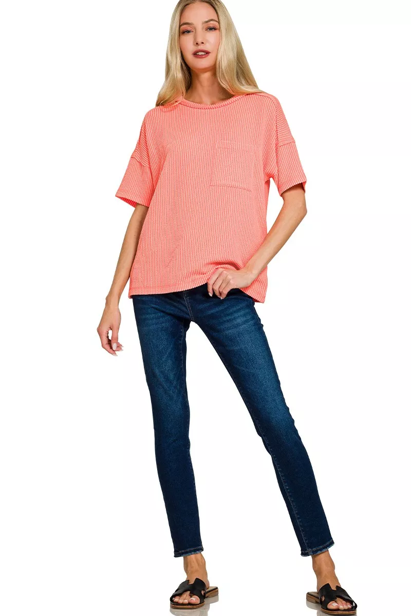 Zenana Raised Rib Exposed Seam Short Sleeve Top - Image 4
