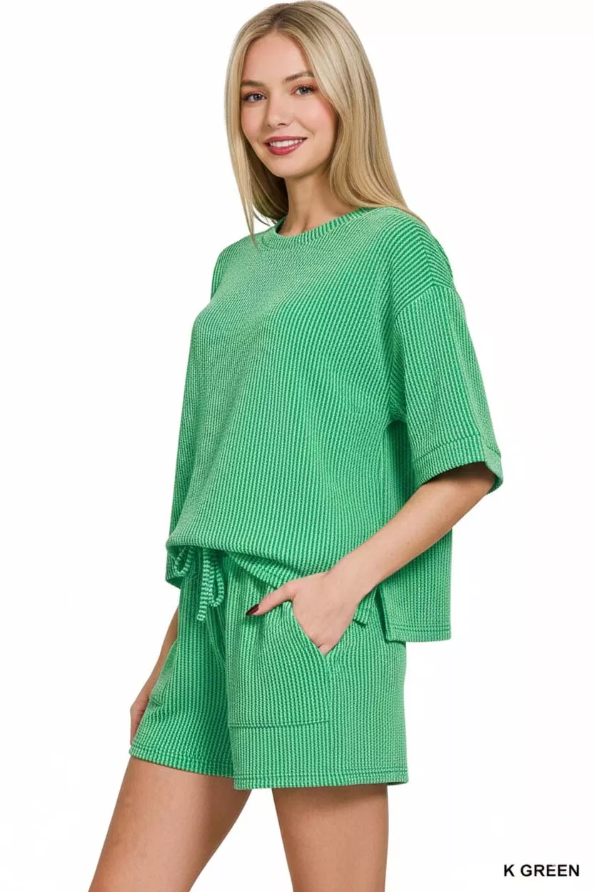 Zenana Raised Rib Short Sleeve Tee and Drawstring Shorts Set - Image 2