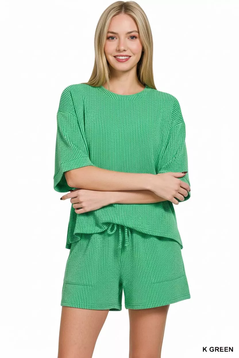 Zenana Raised Rib Short Sleeve Tee and Drawstring Shorts Set - Image 3