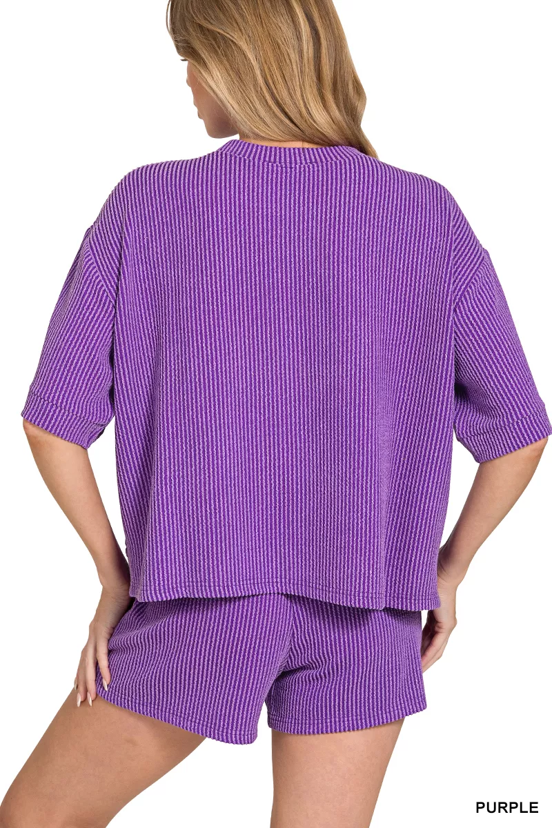 Zenana Raised Rib Short Sleeve Tee and Drawstring Shorts Set - Image 3