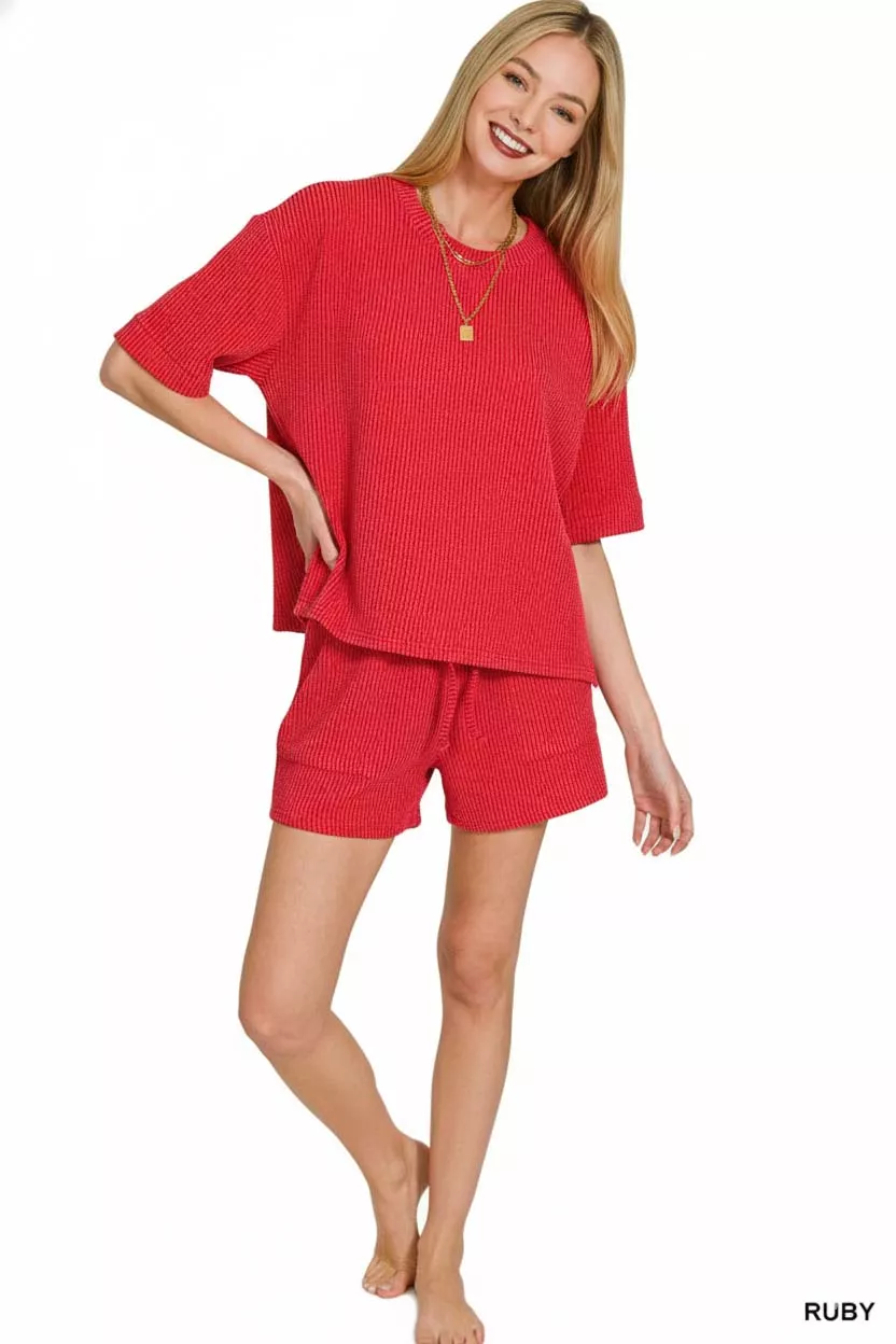 Zenana Raised Rib Short Sleeve Tee and Drawstring Shorts Set - Image 3
