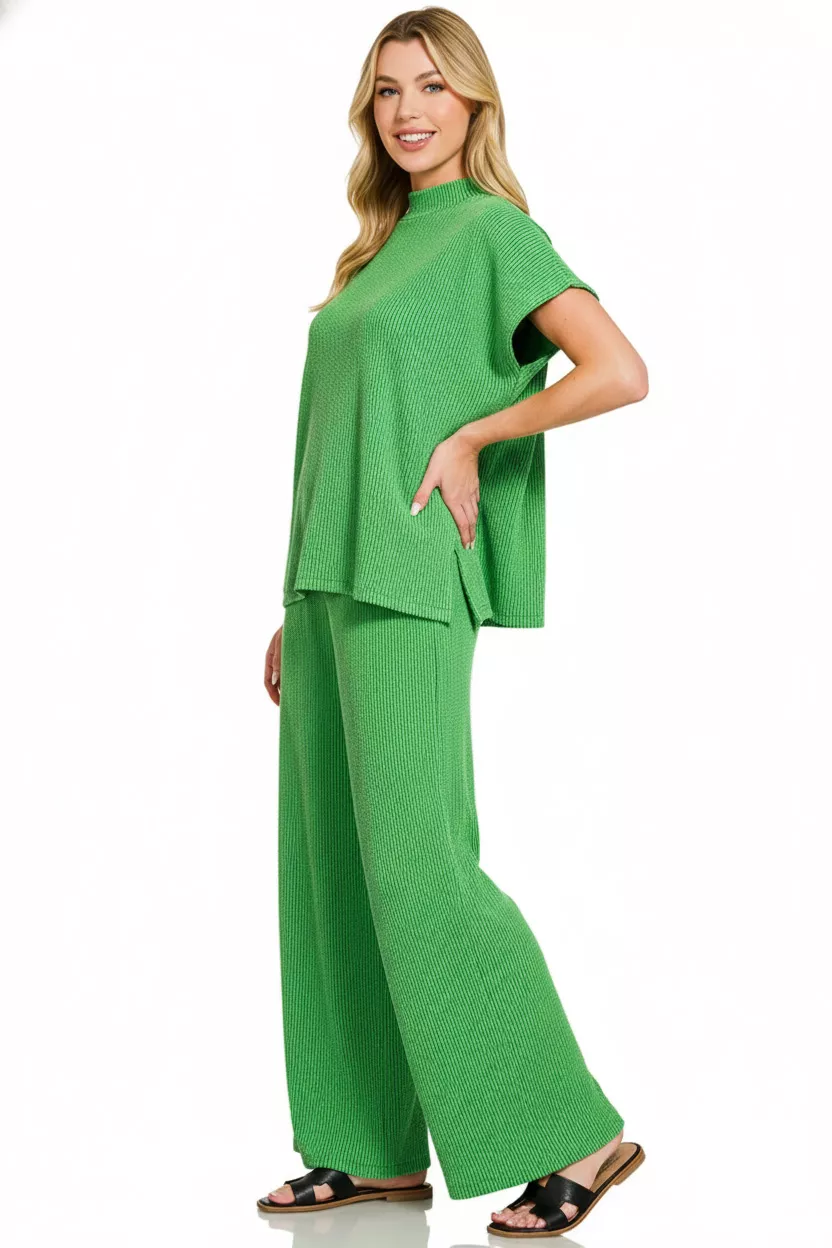Zenana Raised Rib Short Sleeve Tee & Pants Set - Image 3