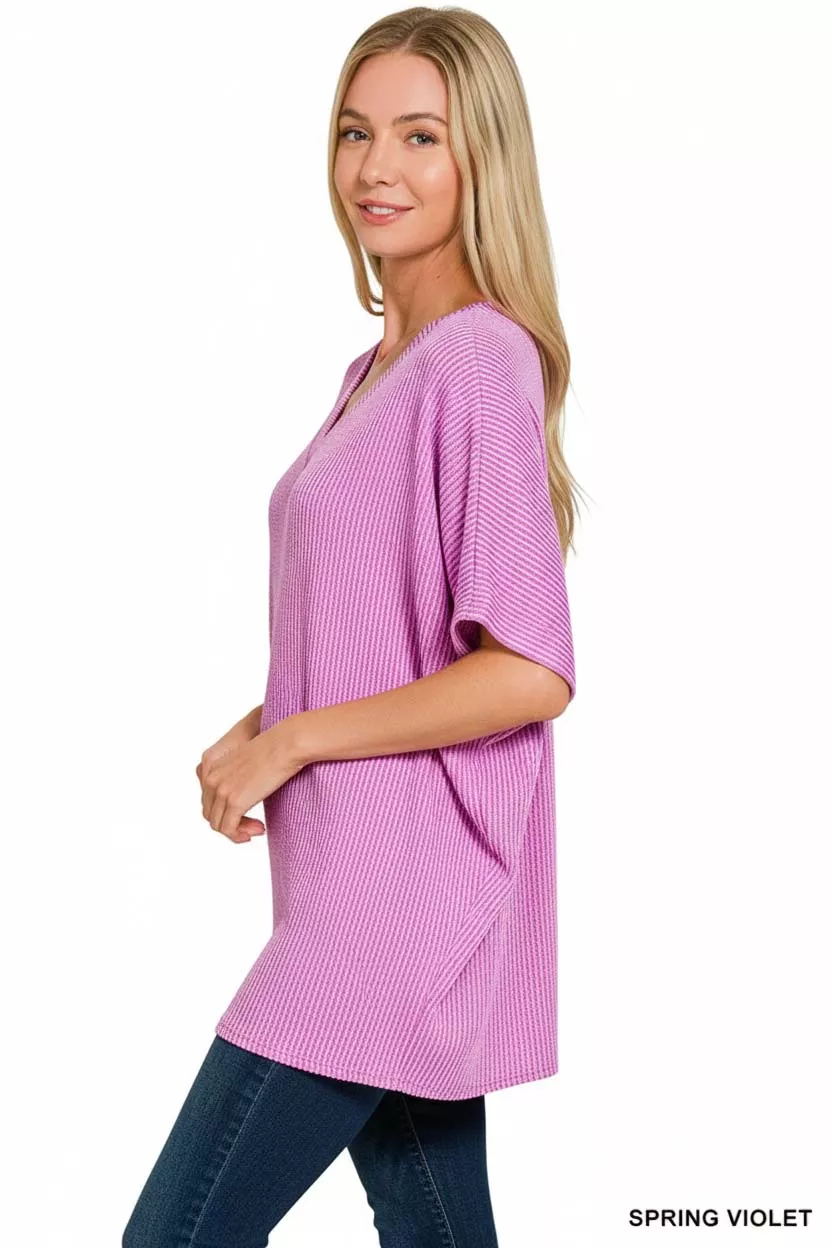 Zenana Raised Rib V-Neck Batwing Top - Image 3