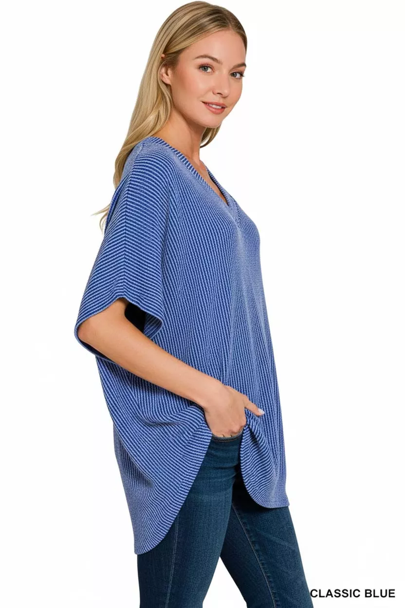 Zenana Raised Rib V-Neck Batwing Top - Image 3