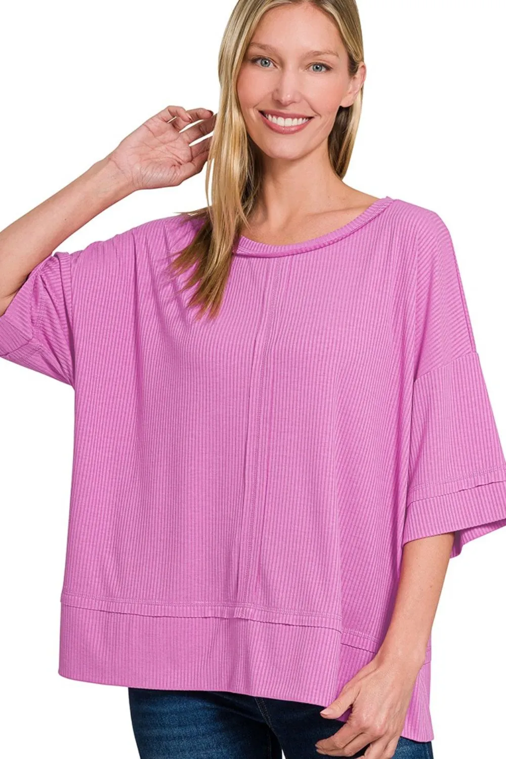 Zenana Ribbed Boat Neck 3/4 Sleeve Top - Image 2