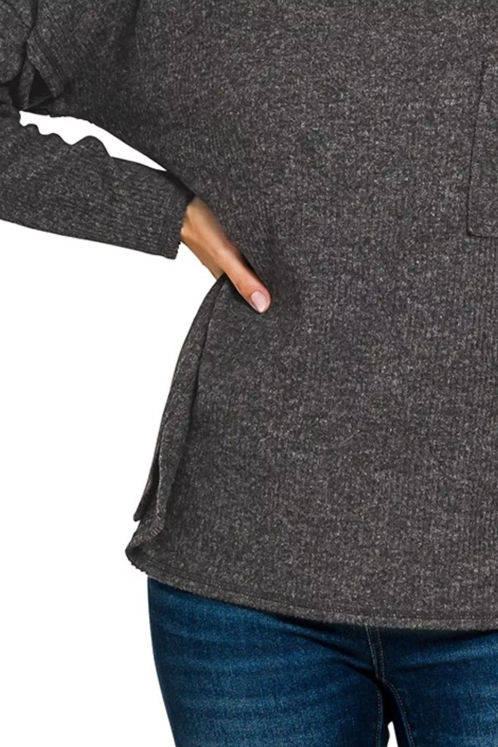 Zenana Ribbed Brushed Melange Hacci Sweater with Chest Pocket - Image 3
