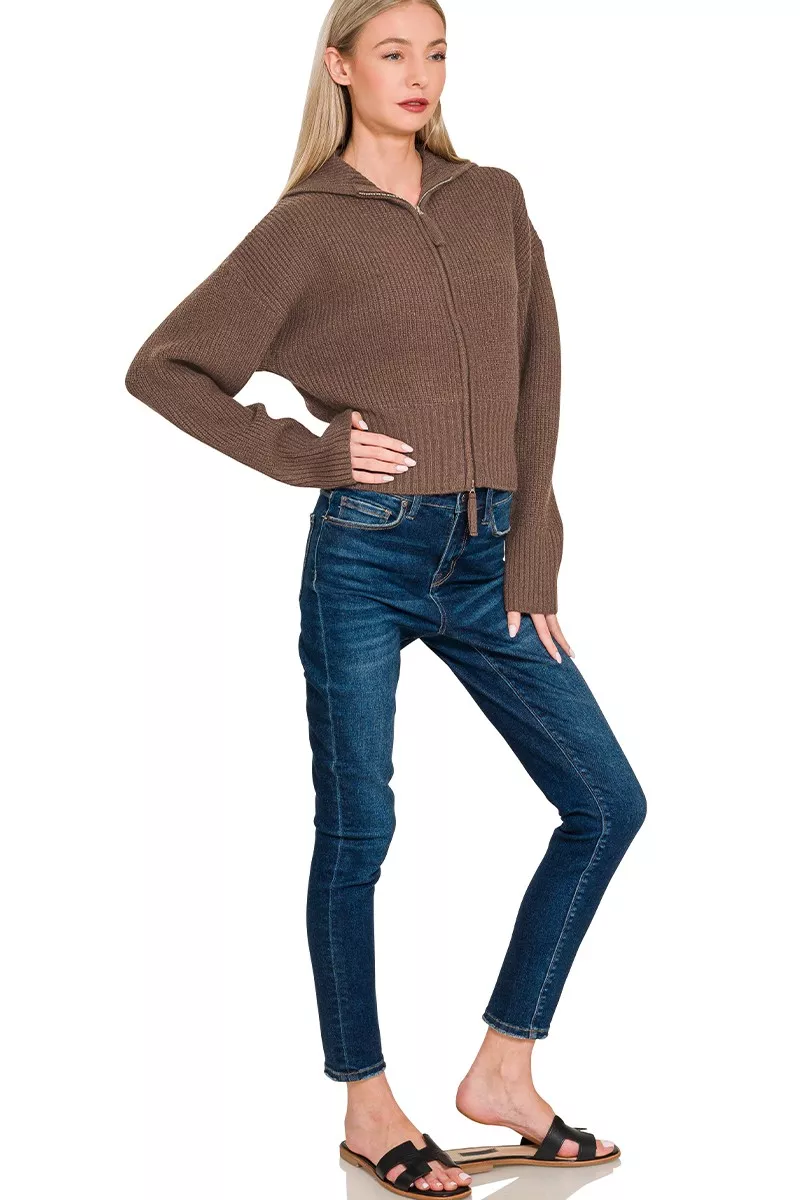 Zenana Ribbed Collared Zip Up Sweater Cardigan - Image 2