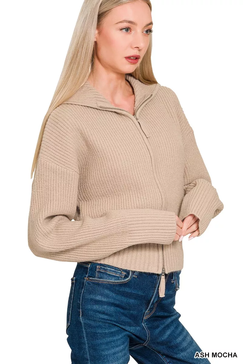 Zenana Ribbed Collared Zip Up Sweater Cardigan - Image 2