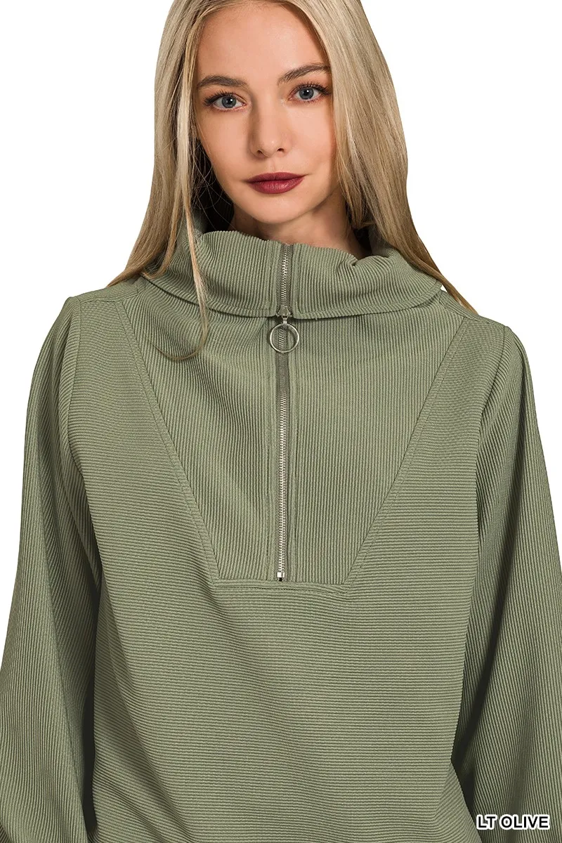 Zenana Ribbed High Neck Half Zip Pullover & Pants Set - Image 5