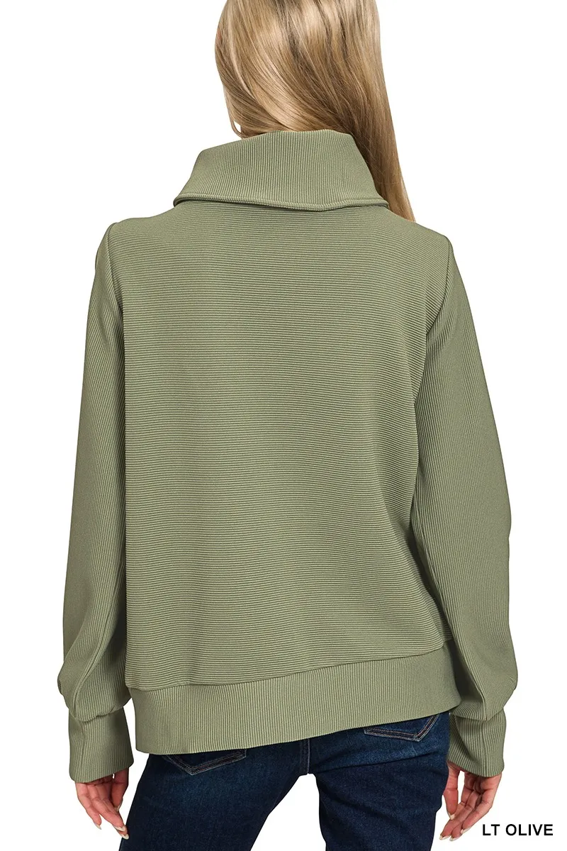 Zenana Ribbed High Neck Half Zip Pullover & Pants Set - Image 7