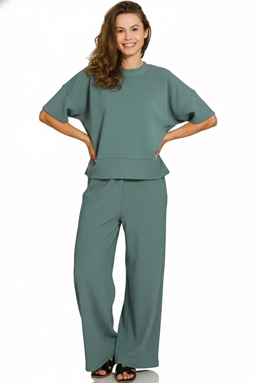 Zenana Ribbed Round Neck Tee & Pants Set - Image 2