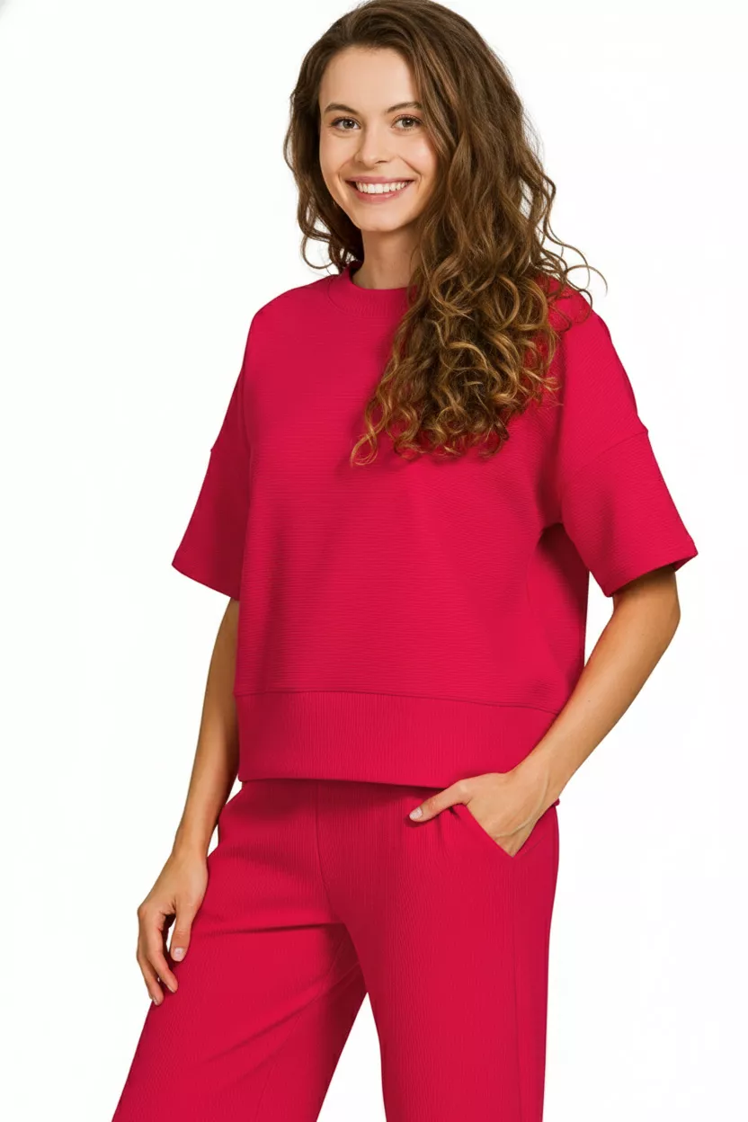 Zenana Ribbed Round Neck Tee & Pants Set - Image 3