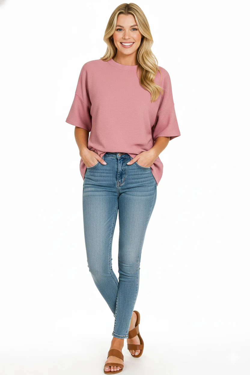 Zenana Ribbed Round Neck Waist Banded T-Shirt - Image 3