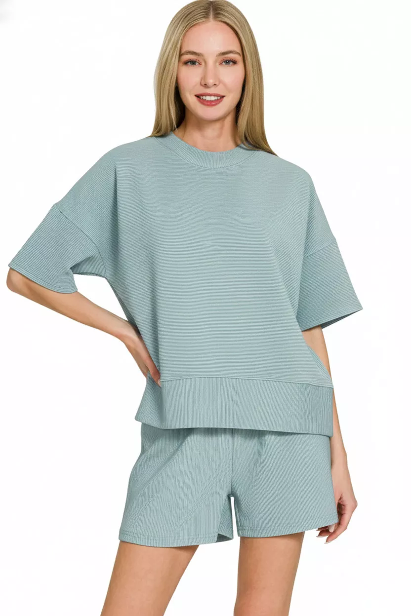 Zenana Ribbed Round Neck Waist Banded Tee & Shorts Set - Image 3