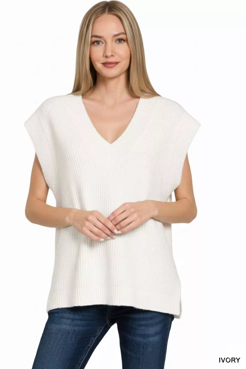 Zenana Ribbed Slit V-Neck Sweater Vest - Image 2