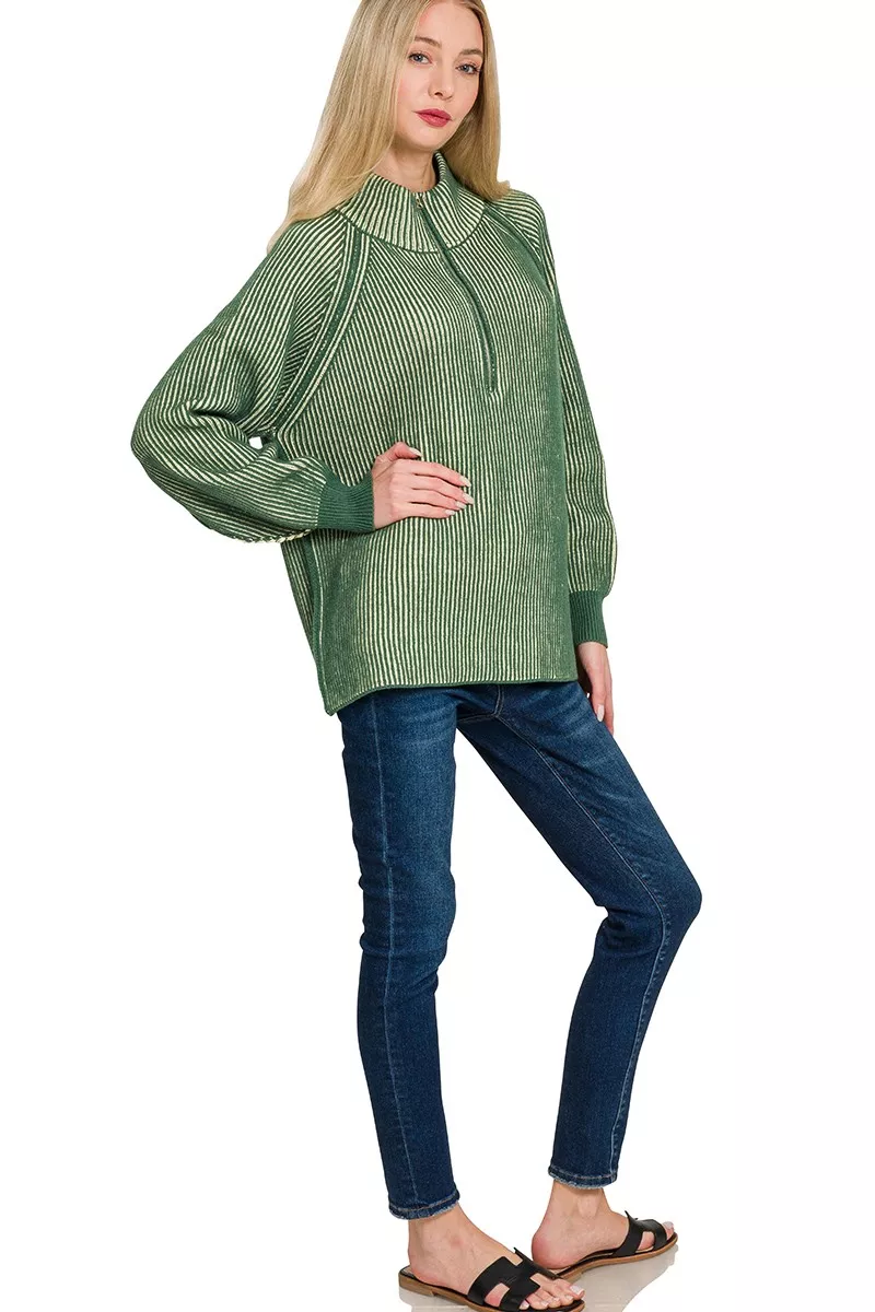 Zenana Ribbed Two Tone Half Zip Sweater - Image 3