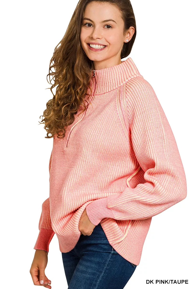 Zenana Ribbed Two Tone Half Zip Sweater - Image 2