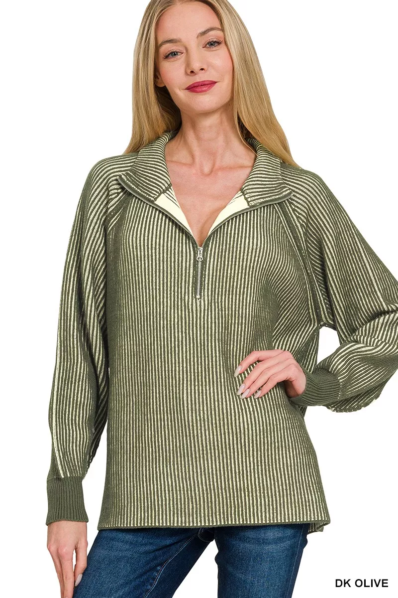 Zenana Ribbed Two Tone Half Zip Sweater - Image 2
