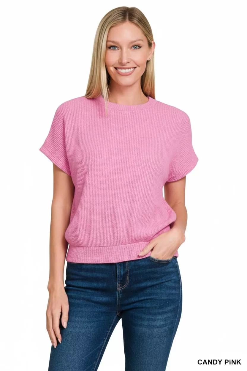 Zenana Round Neck Banded Botton Short Sleeve Sweater - Image 2