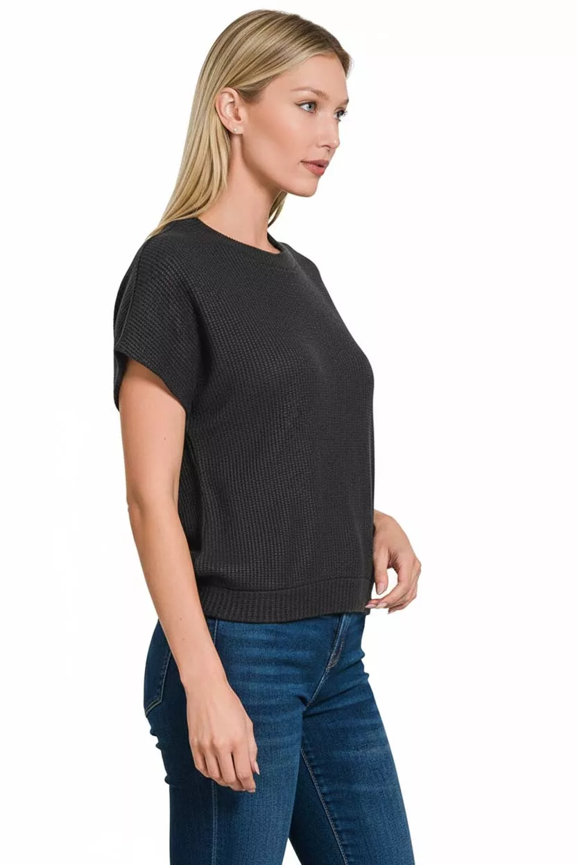 Zenana Round Neck Banded Botton Short Sleeve Sweater - Image 2