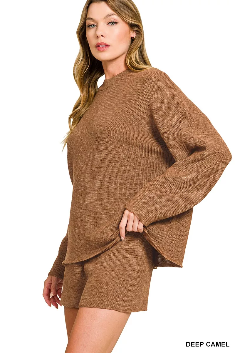 Zenana Round Neck Knit Top and Shorts Sweater Set - Image 2