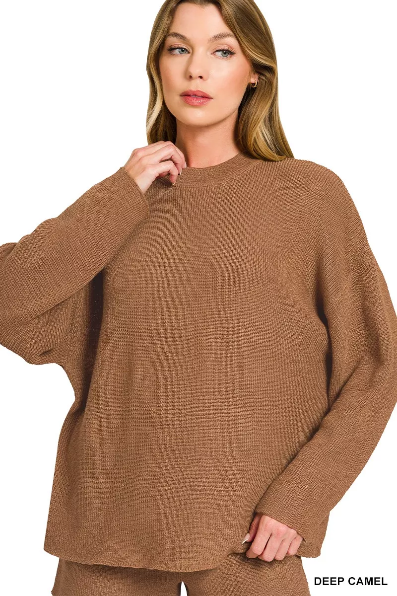 Zenana Round Neck Knit Top and Shorts Sweater Set - Image 3