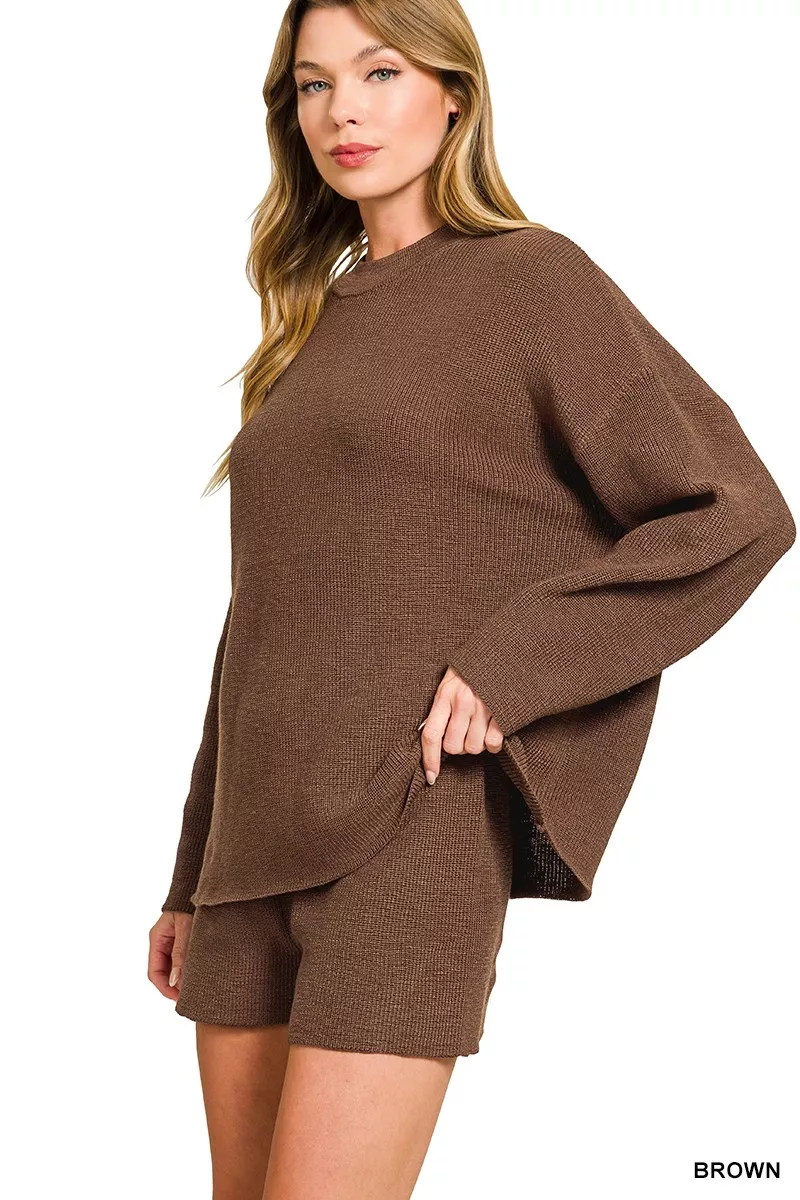 Zenana Round Neck Knit Top and Shorts Sweater Set - Image 2
