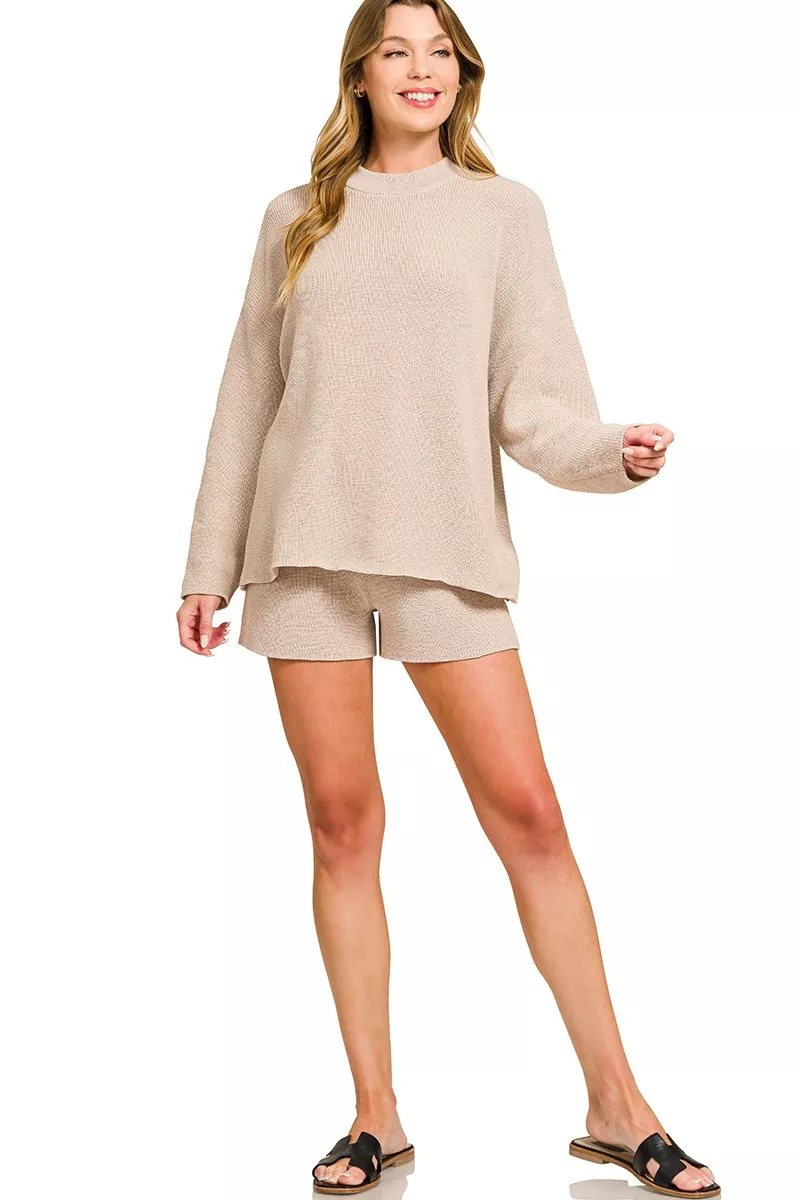 Zenana Round Neck Knit Top and Shorts Sweater Set - Image 3