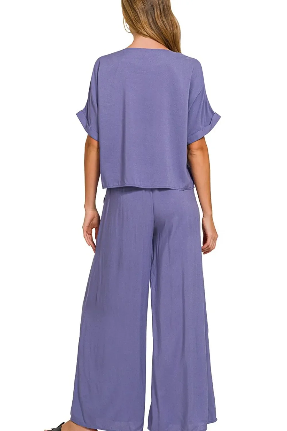 Zenana Round Neck T-Shirt and Wide Leg Pants Set - Image 2