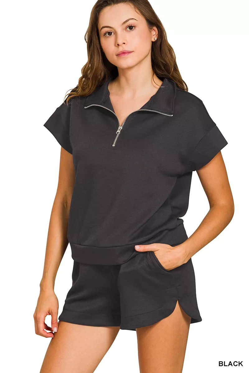 Zenana Scuba High Neck Half Zip Top and Dolphin Shorts Set - Image 2