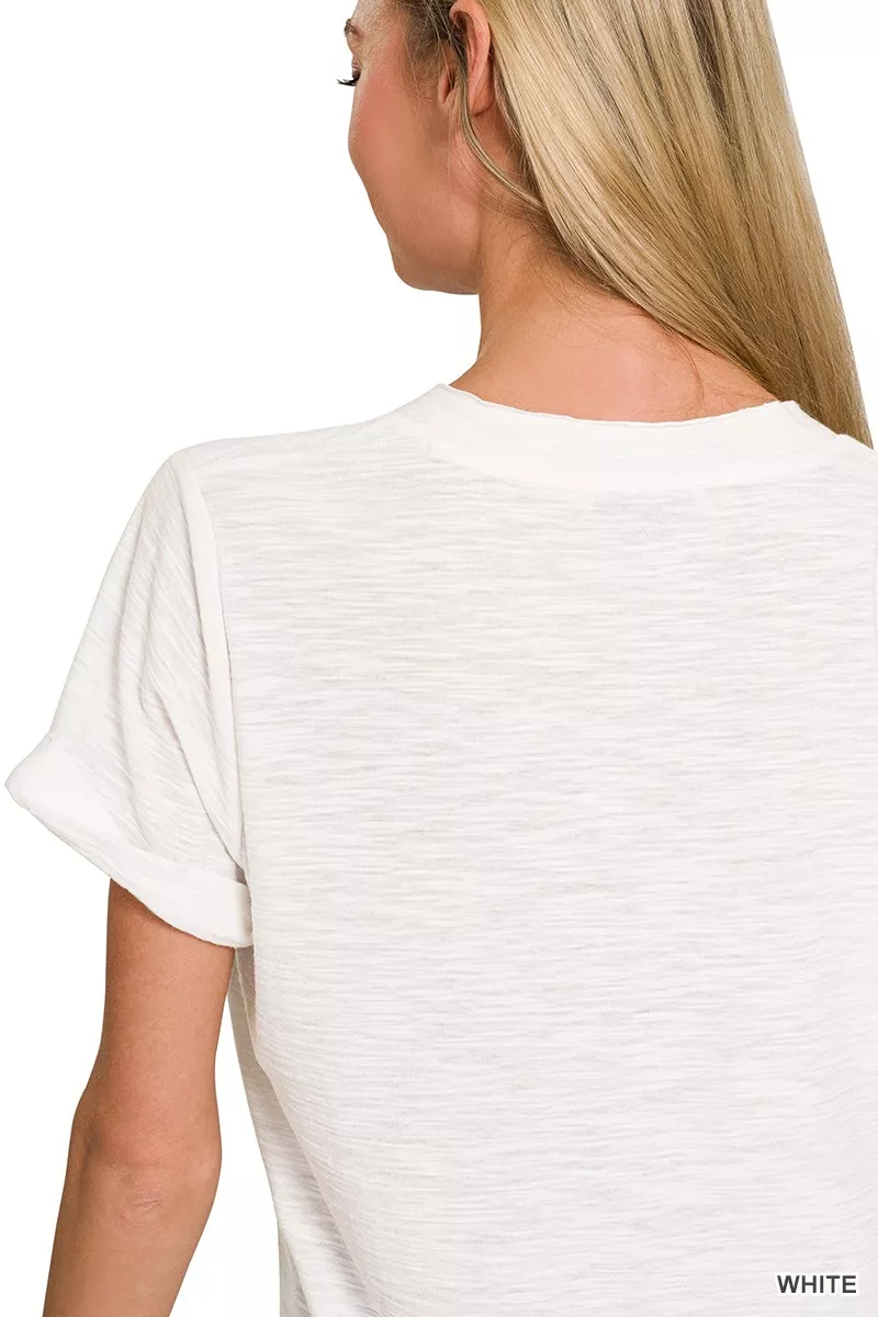 Zenana Slub Rolled Short Sleeve V-Neck Tee - Image 4