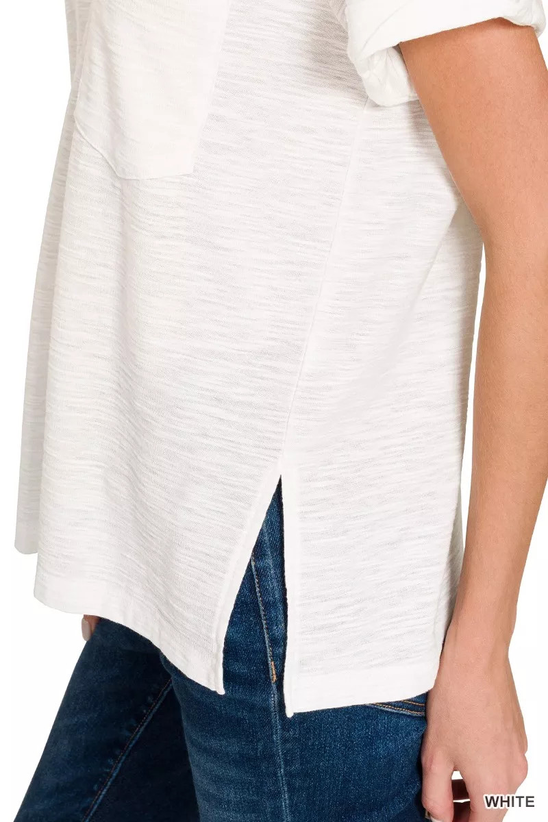 Zenana Slub Rolled Short Sleeve V-Neck Tee - Image 5