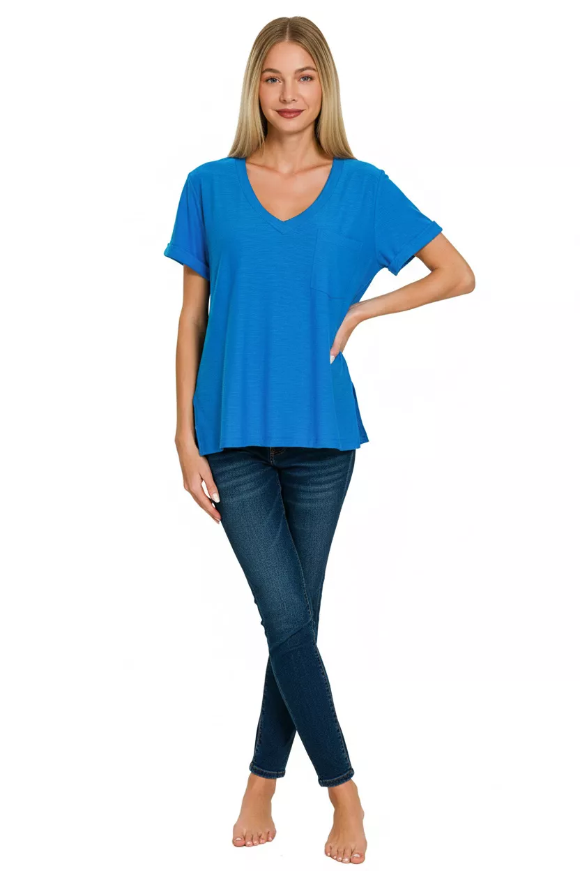 Zenana Slub Rolled Short Sleeve V-Neck Tee - Image 3