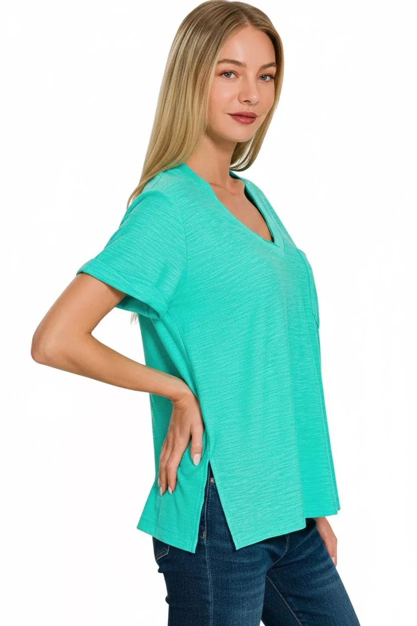 Zenana Slub Rolled Short Sleeve V-Neck Tee - Image 2