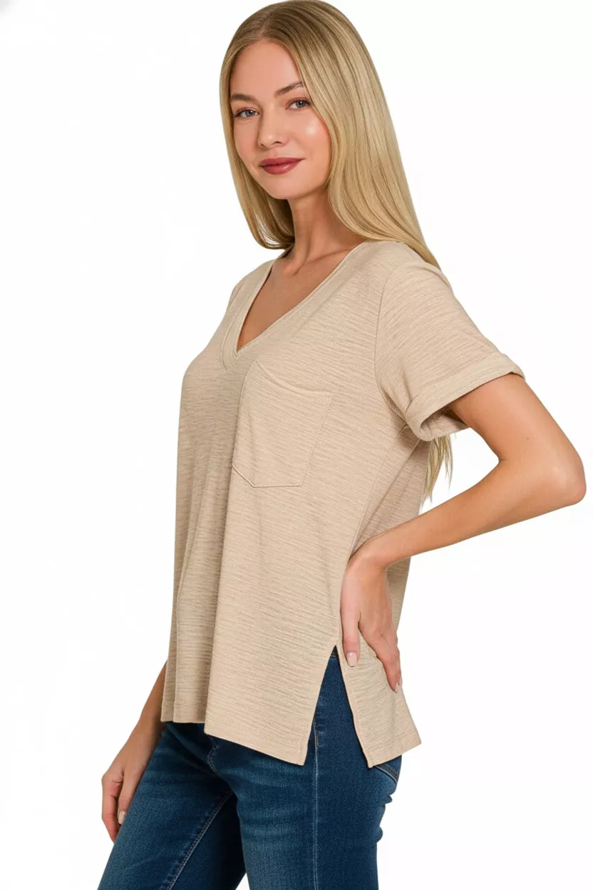 Zenana Slub Rolled Short Sleeve V-Neck Tee - Image 2