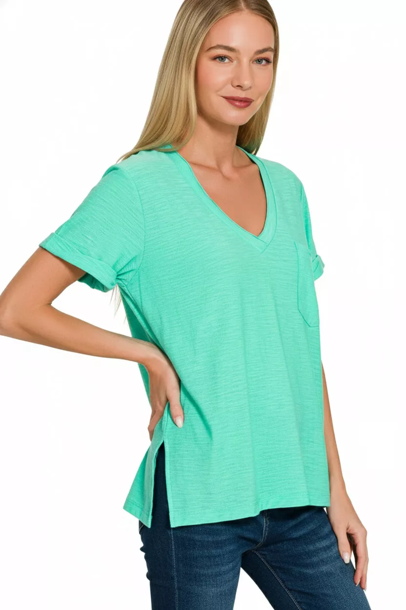 Zenana Slub Rolled Short Sleeve V-Neck Tee - Image 2