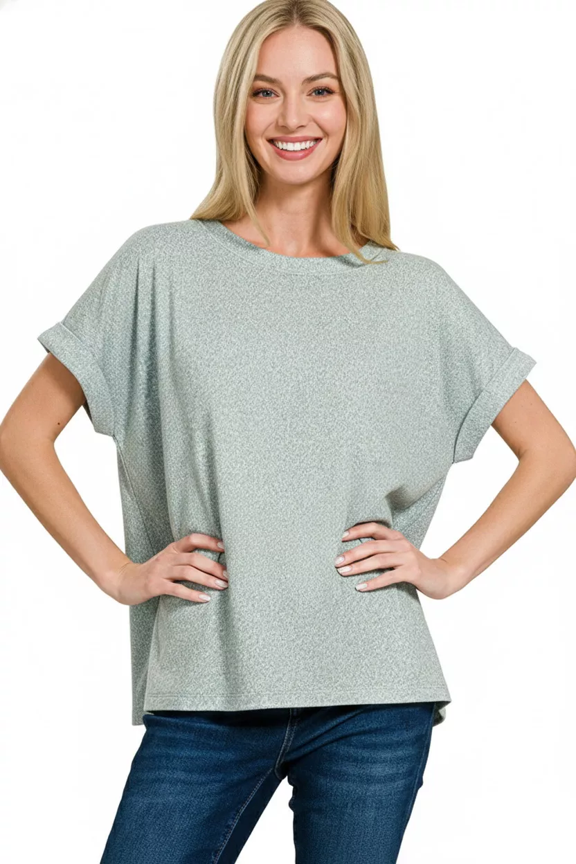 Zenana Soft Melange Hacci Short Sleeve Round Neck Top - Image 2