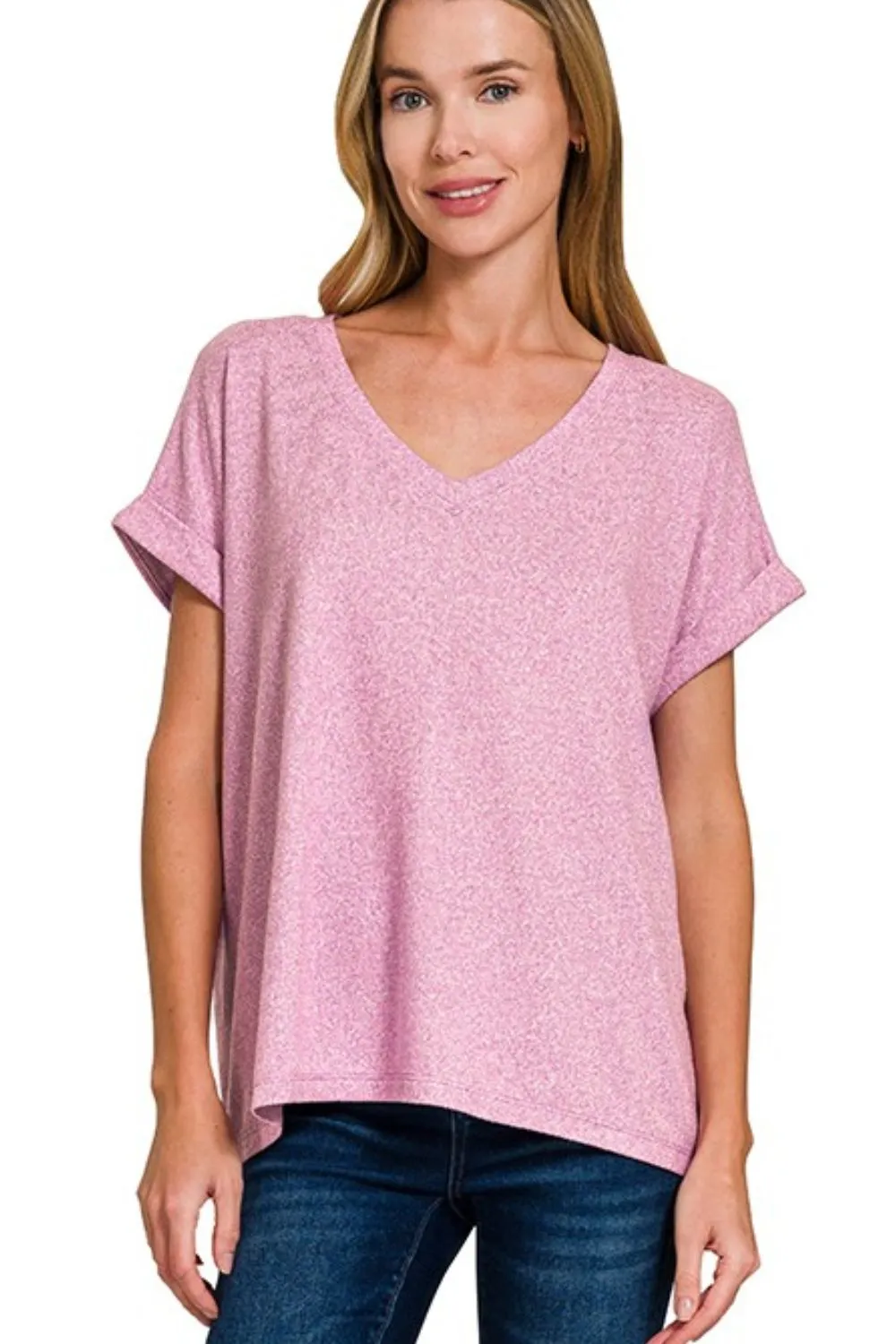 Zenana Soft Melange Hacci V-neck Tee - Image 2