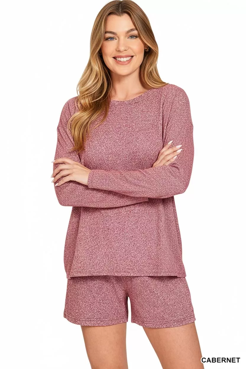 Zenana Soft Melange Long Sleeve Tee and Shorts Set - Image 2