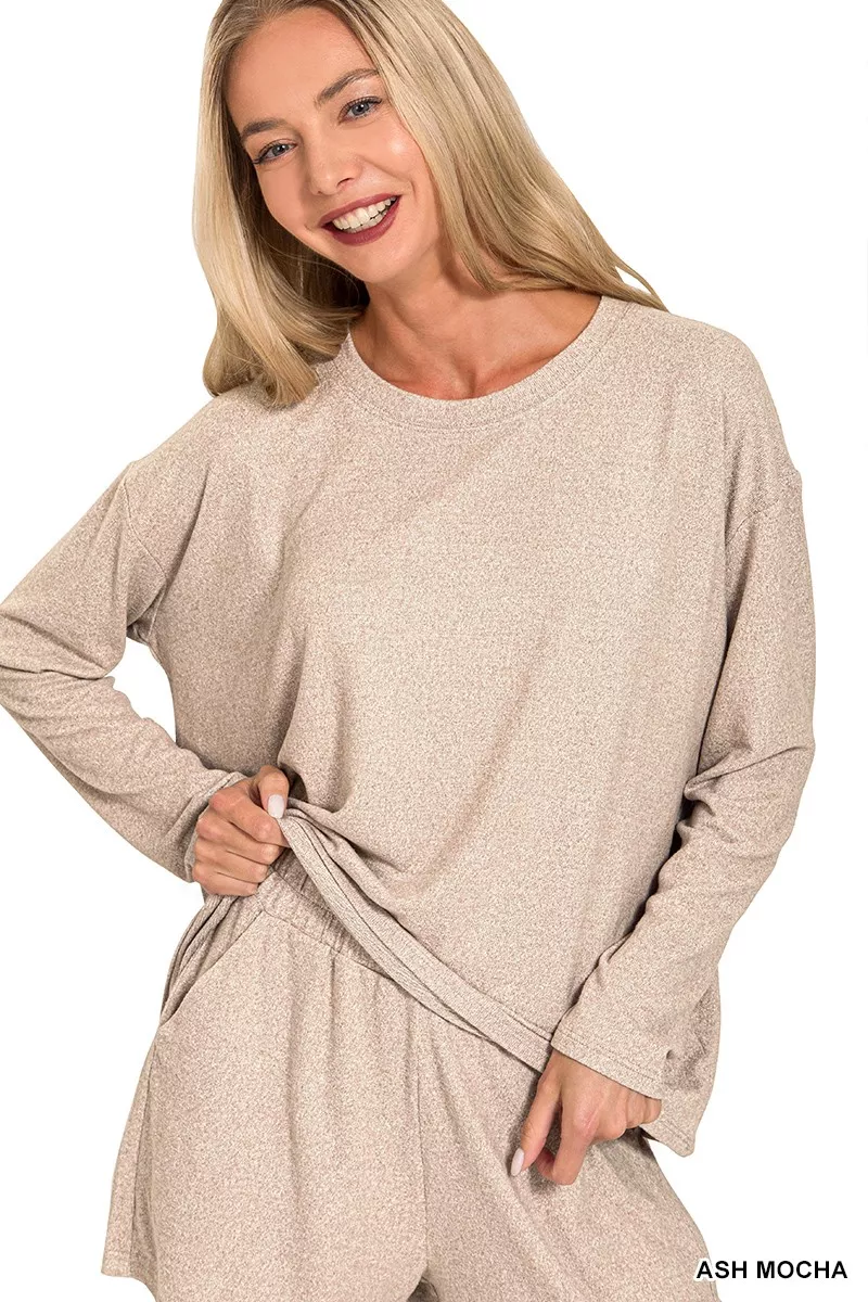 Zenana Soft Melange Long Sleeve Tee and Shorts Set - Image 3